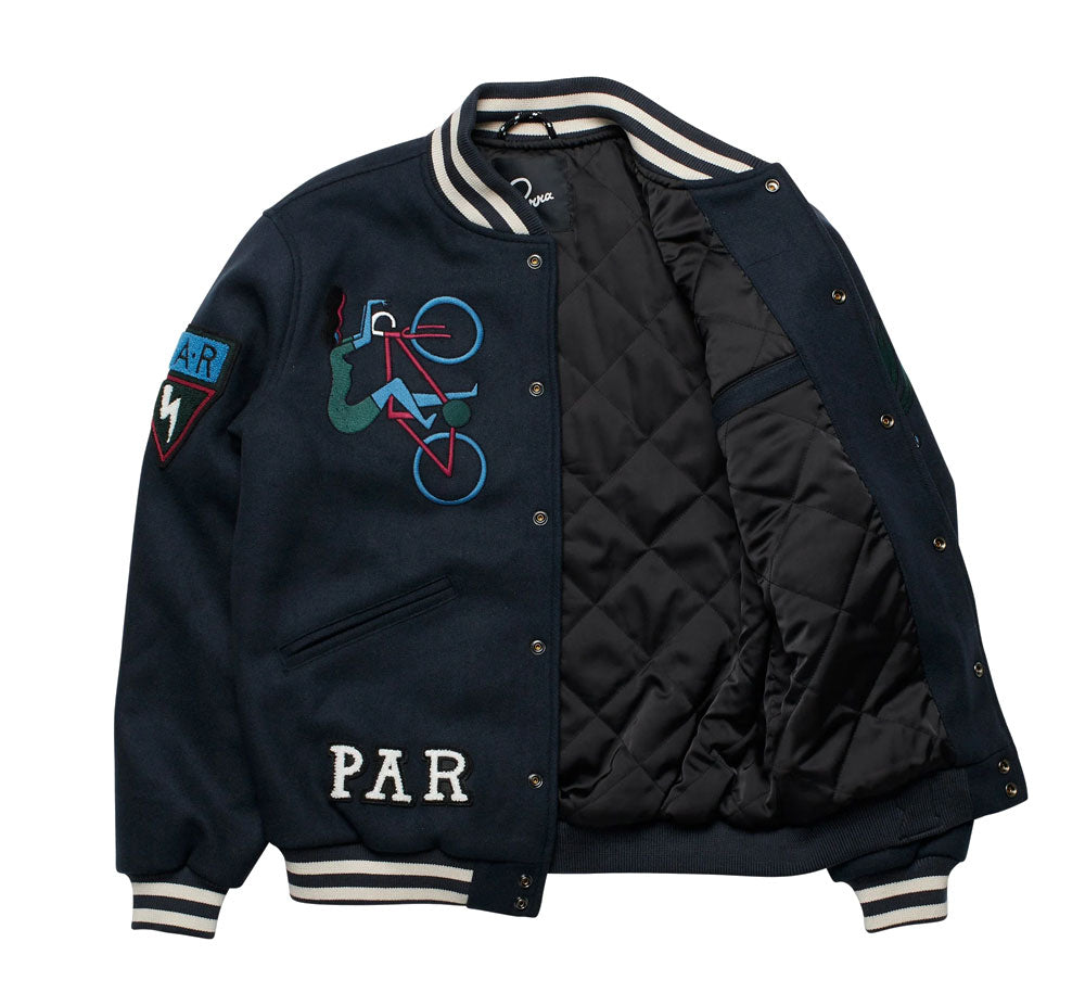 By Parra Run Sit & Bike Varsity Jacket in Navy Blue